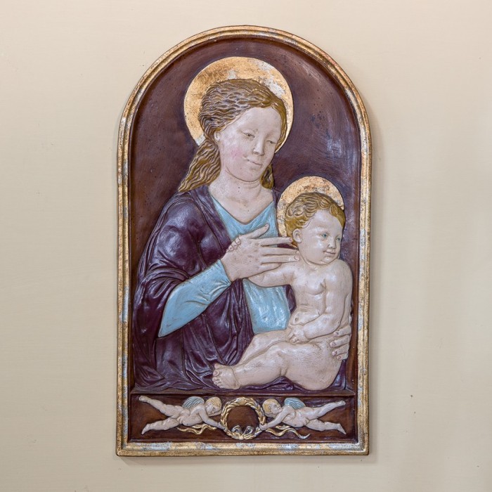 Madonna School Raphael Patinated Colored and Gold Ceramic
